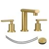Stylish Brushed Gold Lavatory Double Handle Faucet: 3-Hole, Low-Arch, With Metal Pop-Up Drain And Water Lines