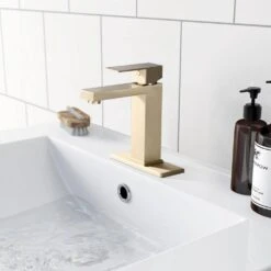 Bathroom Faucet Single Hole, Single Handle Faucet For Bathroom Sink With Deckplate And Drain Assembly In Brushed Gold -Tahanbath brushed gold tahanbath single hole bathroom faucets z w1224p195904 31 1000