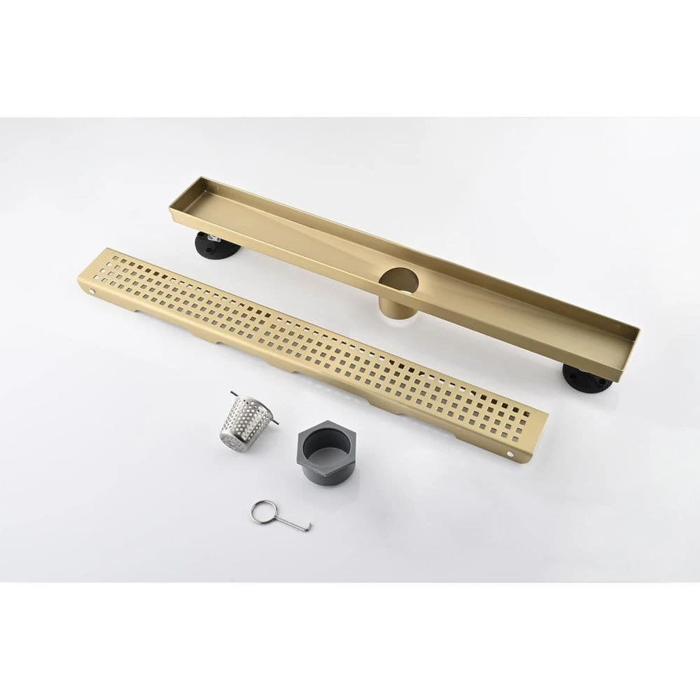 12 In. Linear Shower Drain With Removable Quadrato Pattern Grate Hair Strainer And Leveling Ft. In Brushed Gold 8 12 In. Linear Shower Drain With Removable Quadrato Pattern Grate Hair Strainer And Leveling Ft. In Brushed Gold - Image 8