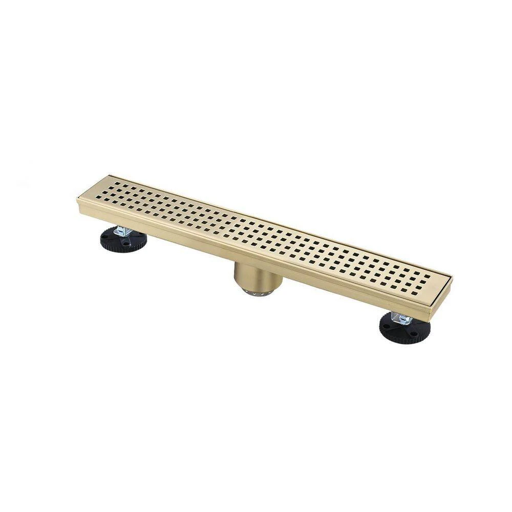 12 In. Linear Shower Drain With Removable Quadrato Pattern Grate Hair Strainer And Leveling Ft. In Brushed Gold 1 12 In. Linear Shower Drain With Removable Quadrato Pattern Grate Hair Strainer And Leveling Ft. In Brushed Gold
