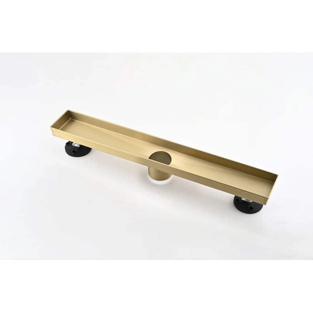 12 In. Linear Shower Drain With Removable Quadrato Pattern Grate Hair Strainer And Leveling Ft. In Brushed Gold 6 12 In. Linear Shower Drain With Removable Quadrato Pattern Grate Hair Strainer And Leveling Ft. In Brushed Gold - Image 6