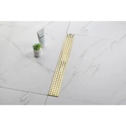 24in Square Shower Floor Drain With Flange, Pattern Grate Removable, Food-Grade SUS 304 Stainless Steel In Brushed Gold -Tahanbath brushed gold tahanbath sink strainers y w928 s00029 31 1000