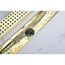 24in Square Shower Floor Drain With Flange, Pattern Grate Removable, Food-Grade SUS 304 Stainless Steel In Brushed Gold -Tahanbath brushed gold tahanbath sink strainers y w928 s00029 4f 1000