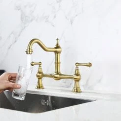 Double Handle Widespread Kitchen Faucet Standard Kitchen Faucet With Traditional Handles In Brushed Gold -Tahanbath brushed gold tahanbath standard kitchen faucets z w928p164195 31 1000