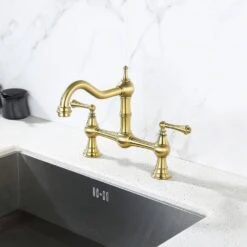 Double Handle Widespread Kitchen Faucet Standard Kitchen Faucet With Traditional Handles In Brushed Gold -Tahanbath brushed gold tahanbath standard kitchen faucets z w928p164195 4f 1000