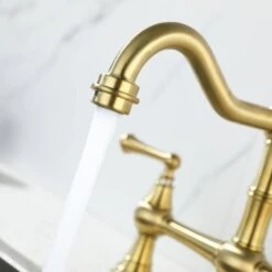Double Handle Widespread Kitchen Faucet Standard Kitchen Faucet With Traditional Handles In Brushed Gold -Tahanbath brushed gold tahanbath standard kitchen faucets z w928p164195 76 1000