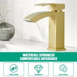 Waterfall Single Handle Single Hole Vessel Sink Faucet In Brushed Gold -Tahanbath brushed gold tahanbath vessel sink faucets kt ct nk0903 1f 1000
