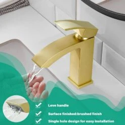 Waterfall Single Handle Single Hole Vessel Sink Faucet In Brushed Gold -Tahanbath brushed gold tahanbath vessel sink faucets kt ct nk0903 fa 1000