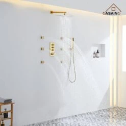 12 In. Wall-Mounted Rectangular Handheld Shower Set (Brushed Gold) -Tahanbath brushed gold tahanbath wall bar shower kits z 102009lk 2 c3 1000