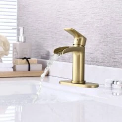 Brushed Nickel Waterfall Single-Handle Vanity Faucet, 1/3-Hole, W/Deck Plate & Pop-Up Drain -Tahanbath brushed gold tahanbath wall mounted faucets z k w1224p227673 31 1000