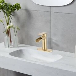 Brushed Nickel Waterfall Single-Handle Vanity Faucet, 1/3-Hole, W/Deck Plate & Pop-Up Drain -Tahanbath brushed gold tahanbath wall mounted faucets z k w1224p227673 fa 1000