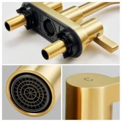 4 In. Centerset Gold Bathroom Vanity Lavatory Faucets For Sink 3-Hole 2-Handle, Swivel Spout With Brass Drain Assembly -Tahanbath brushed gold tahanbath wall mounted faucets z t3177p277550 1f 1000