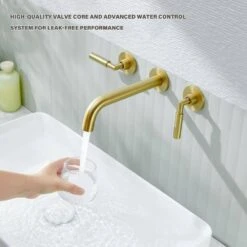 3-Hole 2-Handles Brass Wall-Mount Bathroom Faucet In Brushed Gold -Tahanbath brushed gold tahanbath wall mounted faucets z w1224p206893 1f 1000