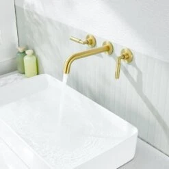 3-Hole 2-Handles Brass Wall-Mount Bathroom Faucet In Brushed Gold -Tahanbath brushed gold tahanbath wall mounted faucets z w1224p206893 31 1000