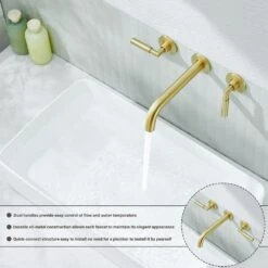 3-Hole 2-Handles Brass Wall-Mount Bathroom Faucet In Brushed Gold -Tahanbath brushed gold tahanbath wall mounted faucets z w1224p206893 44 1000
