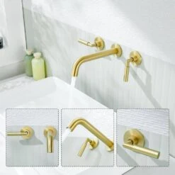 3-Hole 2-Handles Brass Wall-Mount Bathroom Faucet In Brushed Gold -Tahanbath brushed gold tahanbath wall mounted faucets z w1224p206893 4f 1000