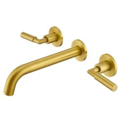 3-Hole 2-Handles Brass Wall-Mount Bathroom Faucet In Brushed Gold