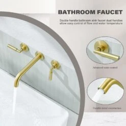3-Hole 2-Handles Brass Wall-Mount Bathroom Faucet In Brushed Gold -Tahanbath brushed gold tahanbath wall mounted faucets z w1224p206893 fa 1000
