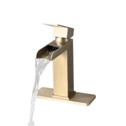 Single Handle Wall Mounted Bathroom Faucet With Deck Plate & Overflow Pop Up Drain In Brushed Gold -Tahanbath brushed gold tahanbath wall mounted faucets z w1224p224288 4f 1000