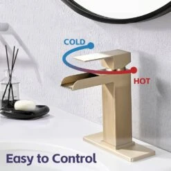 Single Handle Wall Mounted Bathroom Faucet With Deck Plate & Overflow Pop Up Drain In Brushed Gold -Tahanbath brushed gold tahanbath wall mounted faucets z w1224p224288 76 1000