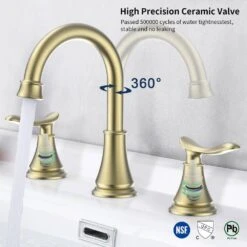 8 In. Widespread Bathroom Sink Faucet Lavatory Faucet 3 Hole 360-Degree Swivel Spout In Brushed Gold -Tahanbath brushed gold widespread bathroom faucets x dr 3007b na 4f 1000