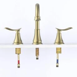 8 In. Widespread Bathroom Sink Faucet Lavatory Faucet 3 Hole 360-Degree Swivel Spout In Brushed Gold -Tahanbath brushed gold widespread bathroom faucets x dr 3007b na fa 1000