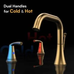 8 In. Widespread Double Handle Bathroom Faucet With Lift-Rod Drain Lavatory Bathroom Vanity Sink Faucet In Brushed Gold -Tahanbath brushed gold widespread bathroom faucets x dr ws au043000lk 4f 1000