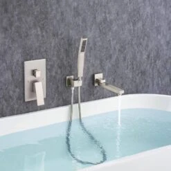 Single Handle 2-Spray 1.8 GPM Waterfall Wall Mounted Bathtub Swivel Tub Filler Faucet With Hand Shower In Brushed Nickel -Tahanbath brushed nickel bathtub shower faucet combos w1194 d93107bn kxc 31 1000