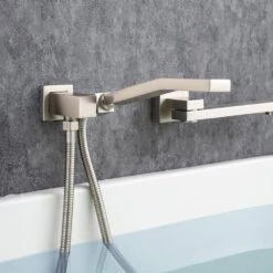 Single Handle 2-Spray 1.8 GPM Waterfall Wall Mounted Bathtub Swivel Tub Filler Faucet With Hand Shower In Brushed Nickel -Tahanbath brushed nickel bathtub shower faucet combos w1194 d93107bn kxc 44 1000