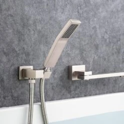 Single Handle 2-Spray 1.8 GPM Waterfall Wall Mounted Bathtub Swivel Tub Filler Faucet With Hand Shower In Brushed Nickel -Tahanbath brushed nickel bathtub shower faucet combos w1194 d93107bn kxc 76 1000
