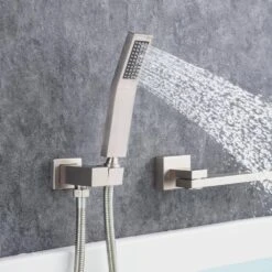 Single Handle 2-Spray 1.8 GPM Waterfall Wall Mounted Bathtub Swivel Tub Filler Faucet With Hand Shower In Brushed Nickel -Tahanbath brushed nickel bathtub shower faucet combos w1194 d93107bn kxc fa 1000
