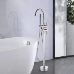 Single-Handle Free Standing Waterfall Tub Filler Bathroom Tub Faucet With Handheld Shower In Brushed Nickel -Tahanbath brushed nickel claw foot tub faucets q xy hs217n 31 1000