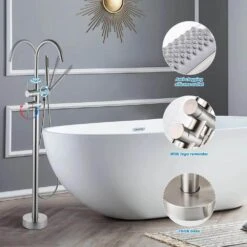 Single-Handle Free Standing Waterfall Tub Filler Bathroom Tub Faucet With Handheld Shower In Brushed Nickel -Tahanbath brushed nickel claw foot tub faucets q xy hs217n 4f 1000