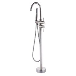 Single-Handle Free Standing Waterfall Tub Filler Bathroom Tub Faucet With Handheld Shower In Brushed Nickel