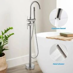Single-Handle Free Standing Waterfall Tub Filler Bathroom Tub Faucet With Handheld Shower In Brushed Nickel -Tahanbath brushed nickel claw foot tub faucets q xy hs217n c3 1000
