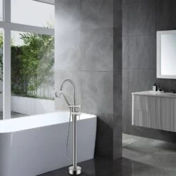 Double Lever Handle Freestanding Tub Filler Bathtub Faucet With Hand Held Shower In Brushed Nickel -Tahanbath brushed nickel claw foot tub faucets w122453466 kxc 31 1000