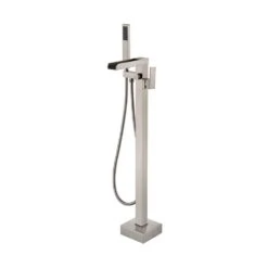 1-Handle Swivel Spout Freestanding Waterfall Tub Filler With Hand Shower In Brushed Nickel