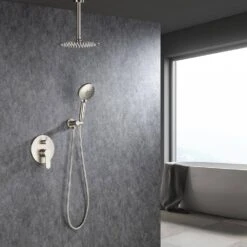 3-Spray Patterns With 2.5 GPM 12 In. Ceiling Mounted Dual Shower Heads Shower System Mix Set In Brushed Nickel 15 3-Spray Patterns With 2.5 GPM 12 In. Ceiling Mounted Dual Shower Heads Shower System Mix Set In Brushed Nickel -Tahanbath brushed nickel dual shower heads pzz 96205 bn kxc 31 1000