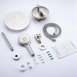 3-Spray Patterns With 2.5 GPM 12 In. Ceiling Mounted Dual Shower Heads Shower System Mix Set In Brushed Nickel 13 3-Spray Patterns With 2.5 GPM 12 In. Ceiling Mounted Dual Shower Heads Shower System Mix Set In Brushed Nickel -Tahanbath brushed nickel dual shower heads pzz 96205 bn kxc fa 1000