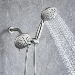 Modern 5-Spray Patterns With 2.5 GPM 4.68 In. Wall Mount Dual Shower Heads With 71 In. Shower Hose In Brushed Nickel -Tahanbath brushed nickel dual shower heads pzz rx96106bn zq 1d 1000