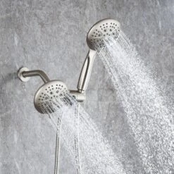 Modern 5-Spray Patterns With 2.5 GPM 4.68 In. Wall Mount Dual Shower Heads With 71 In. Shower Hose In Brushed Nickel -Tahanbath brushed nickel dual shower heads pzz rx96106bn zq 31 1000