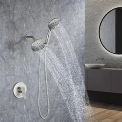 Modern 5-Spray Patterns With 2.5 GPM 4.68 In. Wall Mount Dual Shower Heads With 71 In. Shower Hose In Brushed Nickel -Tahanbath brushed nickel dual shower heads pzz rx96106bn zq 66 1000