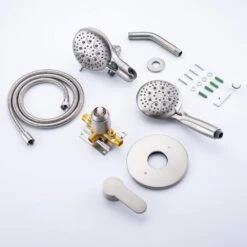 Modern 5-Spray Patterns With 2.5 GPM 4.68 In. Wall Mount Dual Shower Heads With 71 In. Shower Hose In Brushed Nickel -Tahanbath brushed nickel dual shower heads pzz rx96106bn zq 76 1000