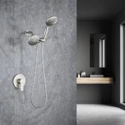 Modern 5-Spray Patterns With 2.5 GPM 4.68 In. Wall Mount Dual Shower Heads With 71 In. Shower Hose In Brushed Nickel -Tahanbath brushed nickel dual shower heads pzz rx96106bn zq 77 1000