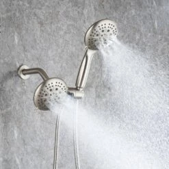 Modern 5-Spray Patterns With 2.5 GPM 4.68 In. Wall Mount Dual Shower Heads With 71 In. Shower Hose In Brushed Nickel -Tahanbath brushed nickel dual shower heads pzz rx96106bn zq d4 1000