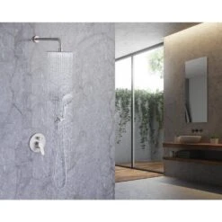 3-Spray Pattern With 2.5 GPM 10 In. Wall Mount Shower System Set Dual Shower Heads With Handheld Spray In Brushed Nickel -Tahanbath brushed nickel dual shower heads w1194 d96202bn zq 1d 1000