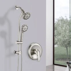 7-Spray Fixed And Handheld Shower Head Stainless Steel Slide Bar Combo In Brushed Nickel 1.8 GPM 13 7-Spray Fixed And Handheld Shower Head Stainless Steel Slide Bar Combo In Brushed Nickel 1.8 GPM -Tahanbath brushed nickel dual shower heads x w1219 w47649 31 1000