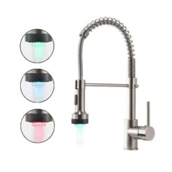 Single Handle Deck Mount Pull Down Sprayer Kitchen Faucet With LED In Brushed Nickel -Tahanbath brushed nickel pull down kitchen faucets q xy 289n 45 led 4f 1000