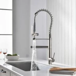 Double Handle Gooseneck Pull Down Sprayer Kitchen Faucet In Brushed Nickel -Tahanbath brushed nickel pull down kitchen faucets q xy 336n 44 1000