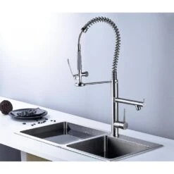 Double Handle Gooseneck Pull Down Sprayer Kitchen Faucet In Brushed Nickel -Tahanbath brushed nickel pull down kitchen faucets q xy 336n c3 1000
